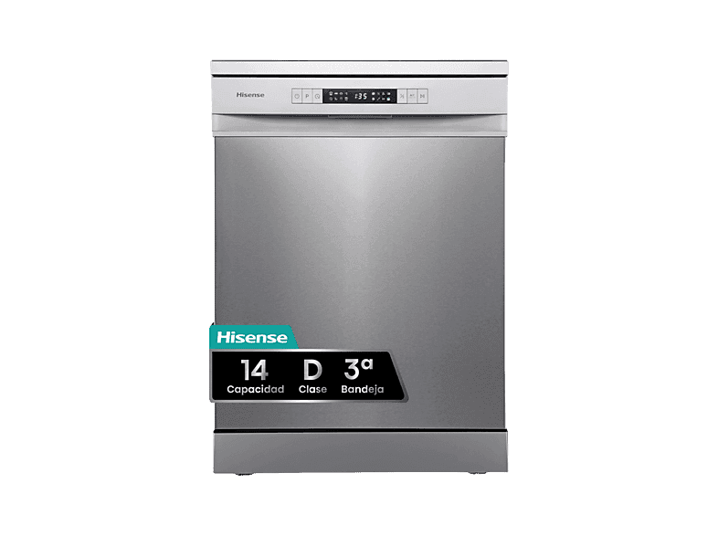 Lave-vaisselle - Hisense HS623D10X, 14 couverts, 7 programmes, 60 cm, Media Carga, Troisième panier, Inox