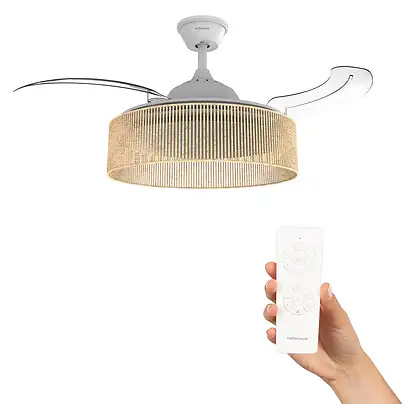 Ventilateur de plafond - MELLERWARE Brizy Bright Rattan Sand, 30 W, 6 vitesses, Aspas retráctiles, Rattan Claro